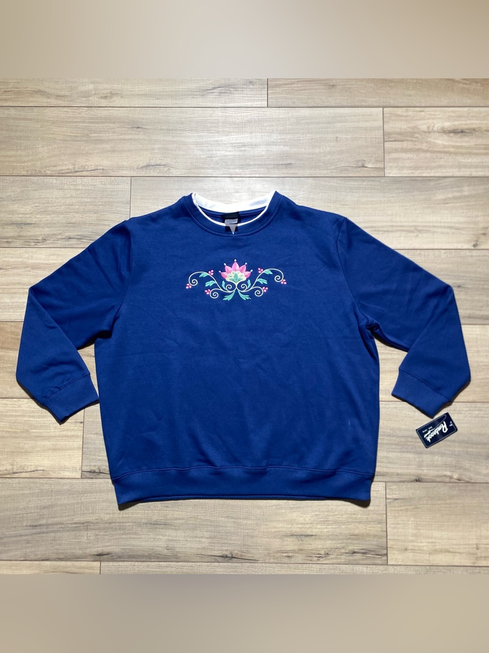 Pembrook Womens Floral Embroidered Crew Neck Long Sleeve Sweatshirt XXL Blue